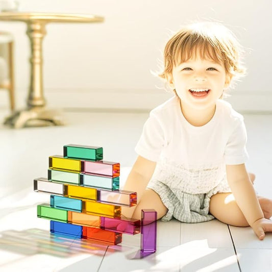 7.5cm Rainbow Crystal Acrylic Strip Blocks,Rectangle Stacking Gem Blocks for Kids 16 Colors Gem Cubes Stacking Educational Sensory Light Learning Toys (7.5cm 16 Colors Blocks)
