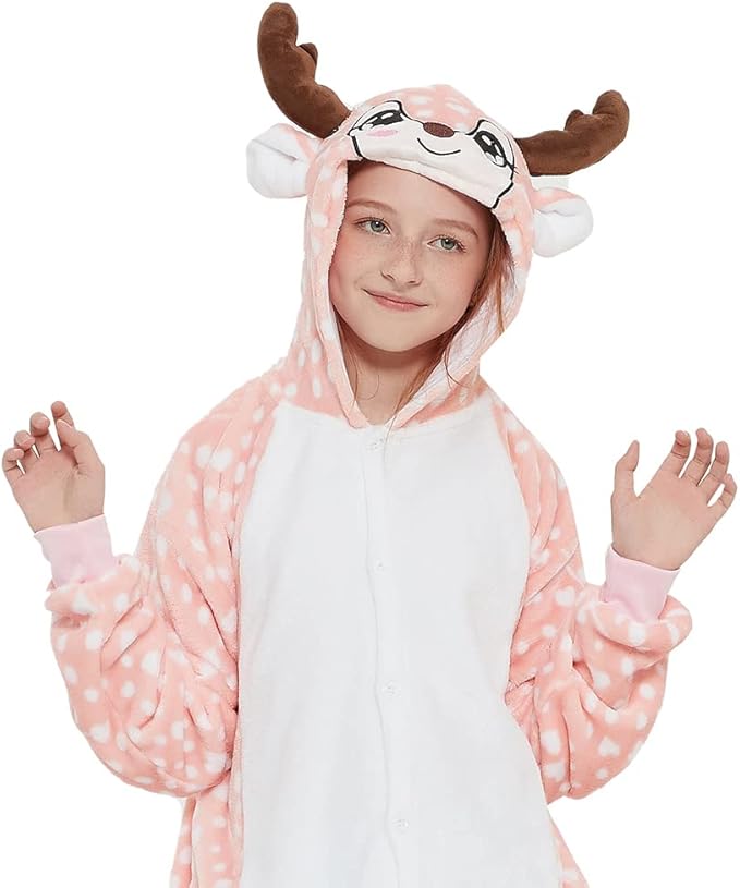 Kid Reindeer Onesie Pajamas Deer Halloween Costume Boy Girl Animal Onepiece (A - Pink, 12-14Years)