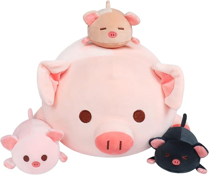 Achwishap Pig Stuffed Animal Mommy 19.6” with 3 Pig Plushies,4 PCS Cute Pig Plush Pillow,Kawaii Toys Soft Hugging Pillow for Kids Girls Boys Gifts(Pink Pig Family)