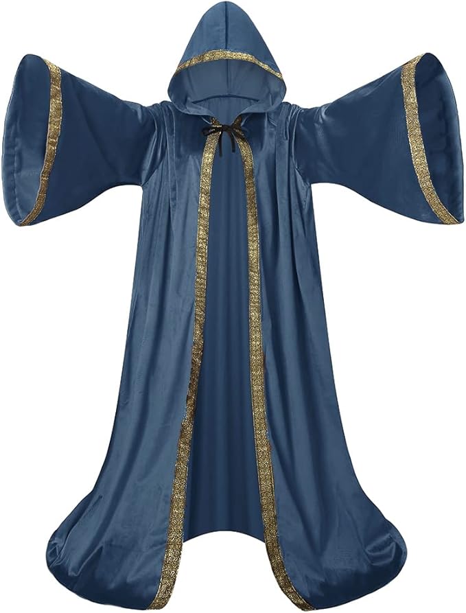 Velvet Wizard Robe with Hooded and Sleeves, Halloween Vampire Witch Wizard Cloak Fancy Cosplay Costume
