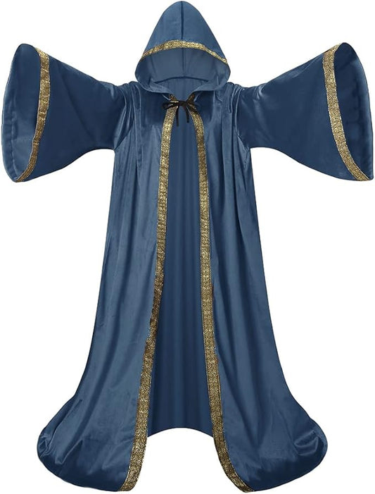 Velvet Wizard Robe with Hooded and Sleeves, Halloween Vampire Witch Wizard Cloak Fancy Cosplay Costume