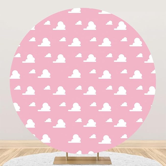 Renaiss 3x3ft Pink Sky White Cloud Round Backdrop Cover Girl Story Cartoon Toy Theme Circle Photography Background Kids Hero Newborn Welcome Baby Shower Birthday Party Decor Arch Photo Booth Props