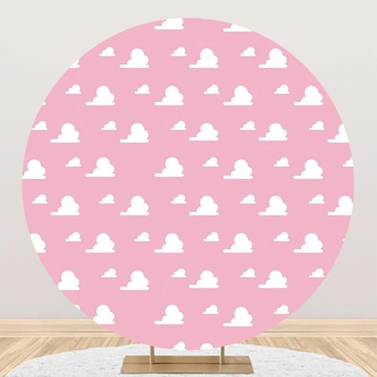 Renaiss 3x3ft Pink Sky White Cloud Round Backdrop Cover Girl Story Cartoon Toy Theme Circle Photography Background Kids Hero Newborn Welcome Baby Shower Birthday Party Decor Arch Photo Booth Props