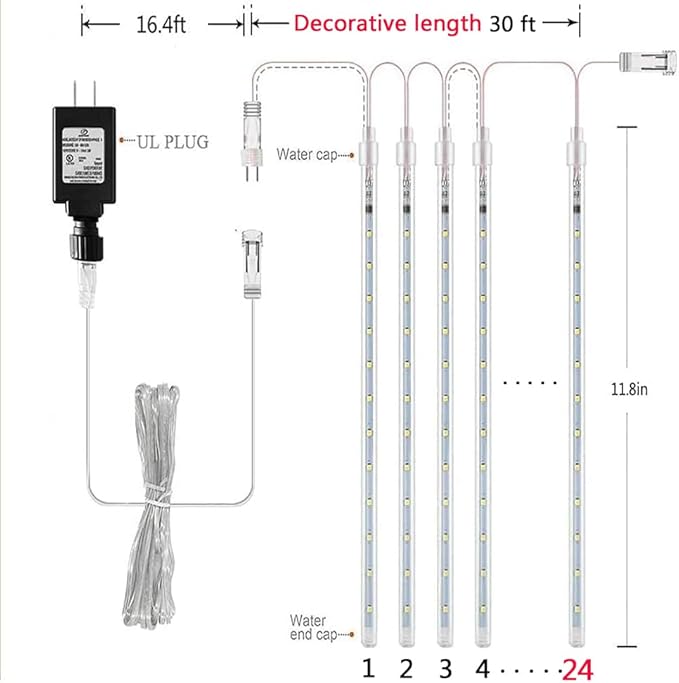 Aokudoni Outdoor Christmas Decorations: 24-Tube Meteor Shower Lights 576 LED Snow Falling Icicle Christmas Lights Outdoor for House Tree Yard Garden Xmas Decor, UL Plug, Blue