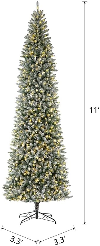 Glitzhome 11ft Prelit Artificial Christmas Tree, Snowy Splendor Fir Hinged Pencil Christmas Tree Holiday Decoration with 950 Warm White Lights and Foldable Metal Stand, Easy Assembly