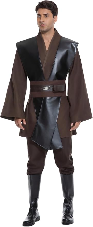 Men's Hooded Robe Tunic Cosplay Costume Knight Cloak Tunic Uniform Pants with Belt Full Set Halloween Outfits