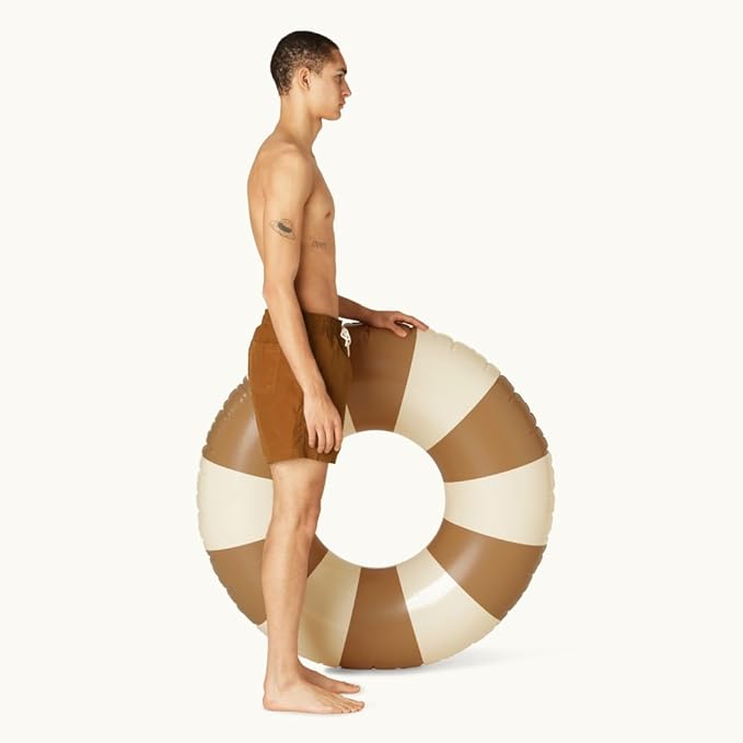 Petites-Pommes Donut Floaties for Adults - Durable Inner Tube, Handprinted Classic Striped Design Swimming Tube, Soft Comfort Seaming, Packable Floats for Travel, Light Brown, 47 inch