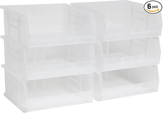 Akro-Mils 30235 AkroBins Plastic Storage Bins, Space-Saving Stackable Bins for Garage, Pantry, Craft Organization, 11-" x 11-" x 5-", Clear, 6-Pack