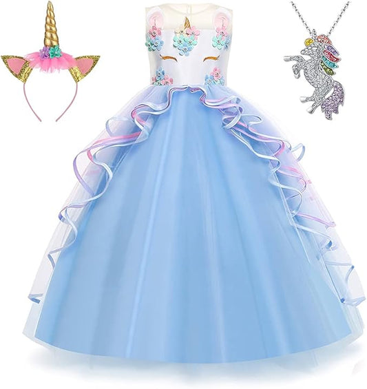 Unicorn Dress for Girls Unicorn Costume Pageant Princess Party Birthday Long Gown with Unicorn Headband & Necklace