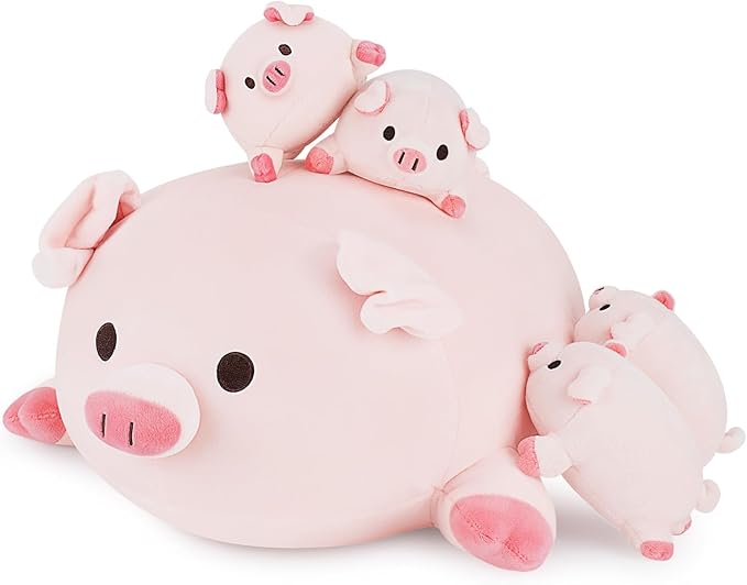 Achwishap 5PCS Pig Family,Pig Stuffed Animal Mommy with 4 Pig Babies Plush,Cute Pig Plush Pillow Cushion Doll,Kawaii Pig Plush Toy Hugging Pillow for Kids Adult(16” Pig Family)
