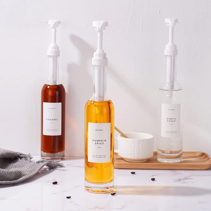 MoliMoli Coffee Syrup Dispenser for Coffee Bar, 350ml,Coffee Pump Dispenser, Glass Syrup Bottle w. Pumps, Simple Syrup Dispenser w. Labels (White) Set of 2