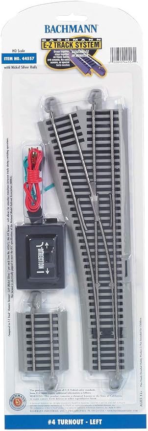 Bachmann Trains - Snap-Fit E-Z TRACK #4 TURNOUT - LEFT (1/card) - NICKEL SILVER Rail With Gray Roadbed - HO Scale
