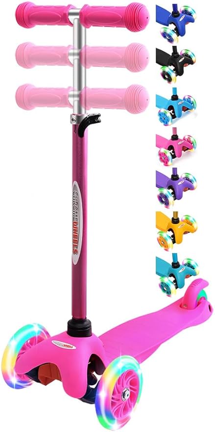 ChromeWheels Scooter for Kids, Deluxe 3 Wheel Scooter for Toddlers 4 Adjustable Height Glider with Kick Scooters, Lean to Steer with LED Flashing Light for Ages 3-6 Girls Boys