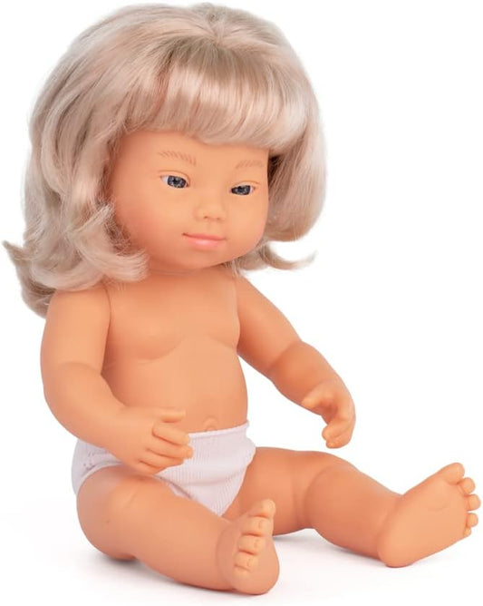 Miniland Baby Doll 15'' Caucasian Blond Girl with Down Syndrome (Polybag) - Made in Spain, Anatomically Correct, Quality, Inclusion, Vanilla Scented