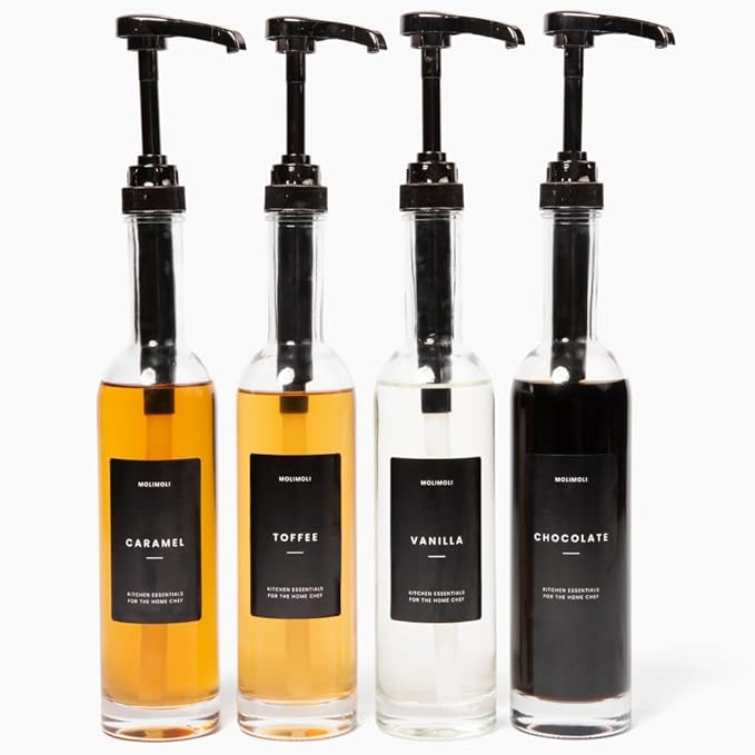 Molimoli Set of 4, 350ml, Coffee Syrup Dispenser for Coffee Bar, Coffee Pump Dispenser, Glass Syrup Bottle w. Pumps, Simple Syrup Dispenser w. Labels (Black)