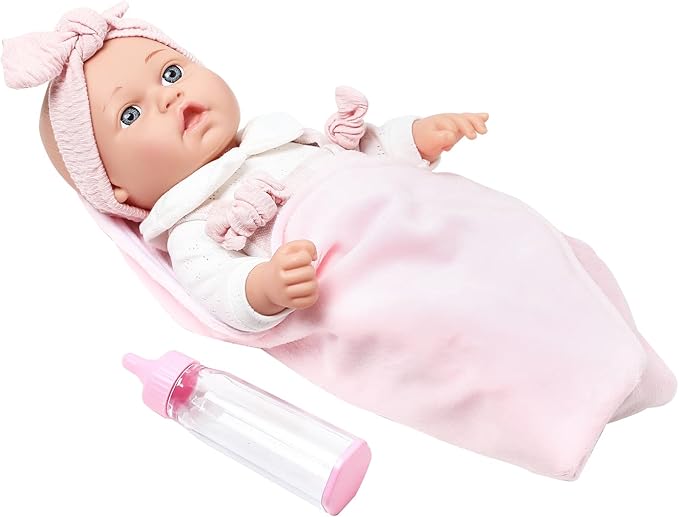 12'' Baby Doll in Gift Box with Pink Cloths, Pacifier, 13''x13'' Microfabric Blanket, and Feeding Bottle. Gift Idea for Ages 3+