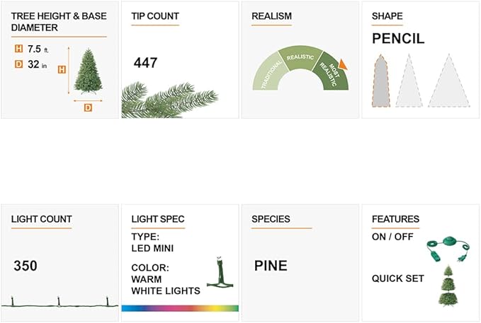 Glitzhome 7.5ft Prelit Christmas Tree, Artificial Christmas Tree with 350 Warm White Lights, Flocked Pencil Christmas Tree and Foldable Metal Stand for Home, Office, Party Decoration, Easy Assembly