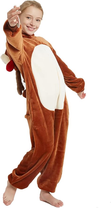 Kid Reindeer Onesie Pajamas Deer Halloween Costume Boy Girl Animal Onepiece (A - Brown, 12-14Years)