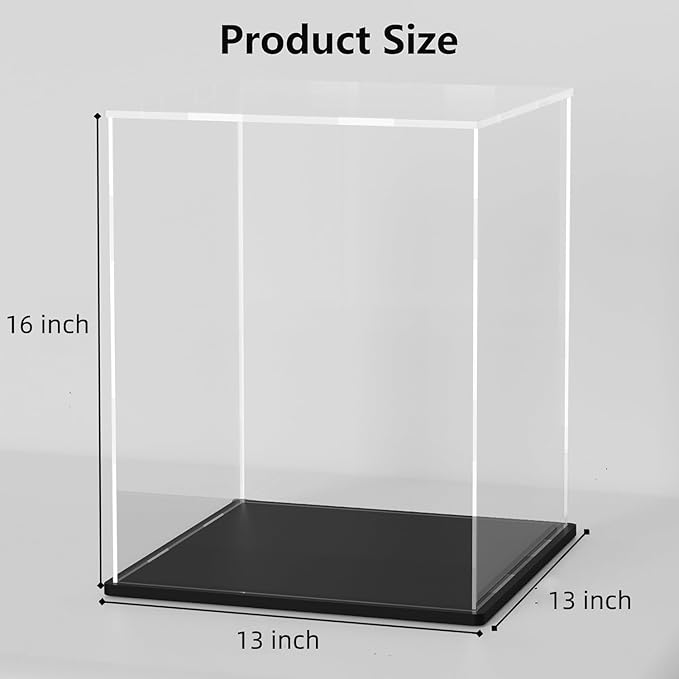 Acrylic Box with Matt Black Base, Simple Self-Assembly Clear Acrylic Display Case, 13x13x16 inch Showcase with Lid for Collections, Figures and Dolls