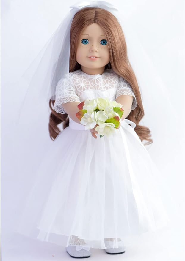 18 Inches American Doll Clothes First Communion Gorgeous White Wedding Dress Veil Bouquet Sets Fit 18 Inches Dolls