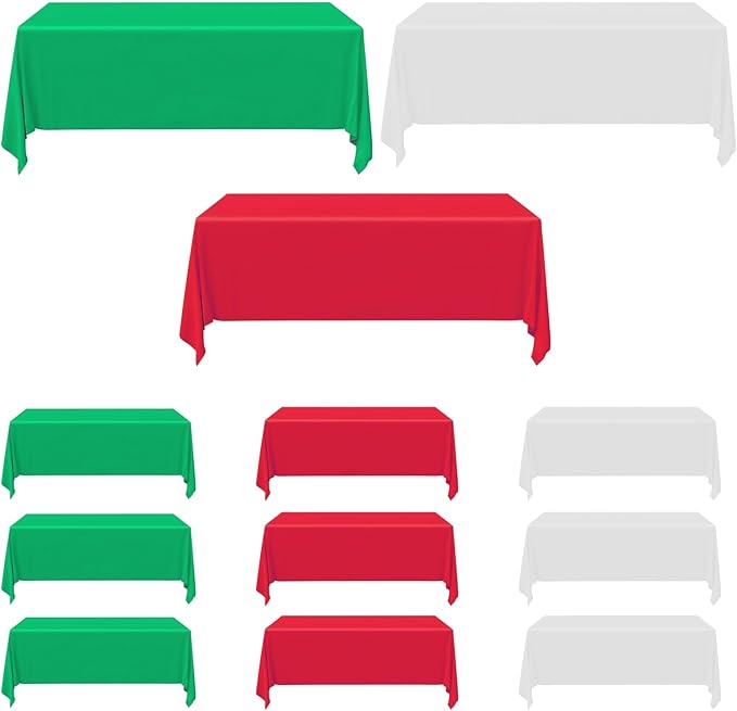 12 Pack Christmas Tablecloths for Rectangle Tables, 54 x 108 Inch Disposable Plastic Table Covers for Xmas Party Decoration, Red White Green Waterproof Table Cloth Bulk for Wedding Gathering Banquet