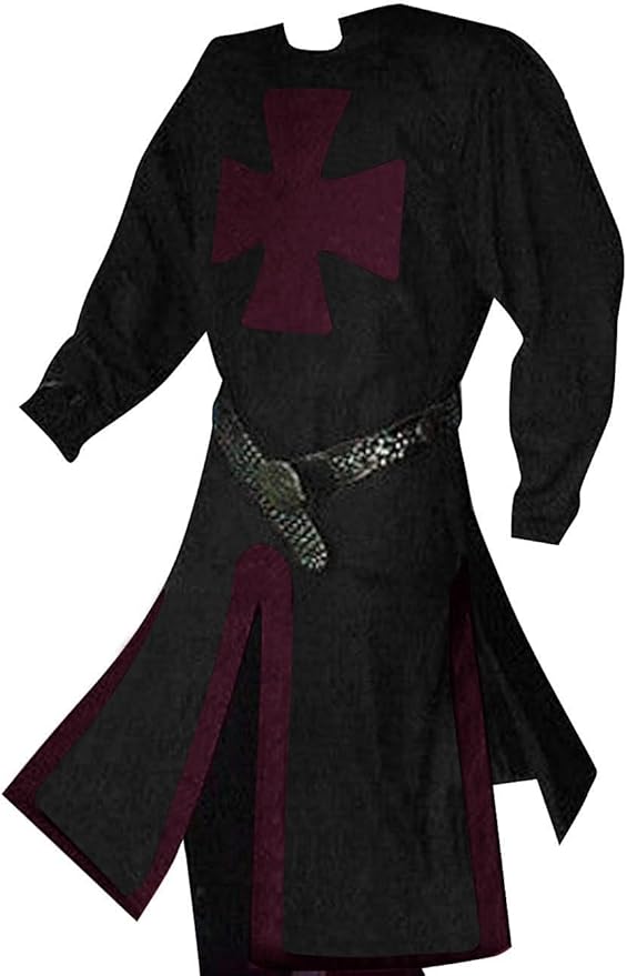 Ryannology Mens Crusader Costume Medieval Templar Renaissance Knight Warrior Tunic Retro Halloween Cosplay Top with Cross