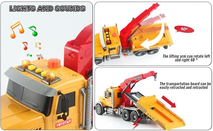 Toy Tow Truck with Crane and Car – Recovery Truck Toy for Kids Age 3 4 5 6, Construction Playset with Lights and Sounds,Birthday Gifts for Boys