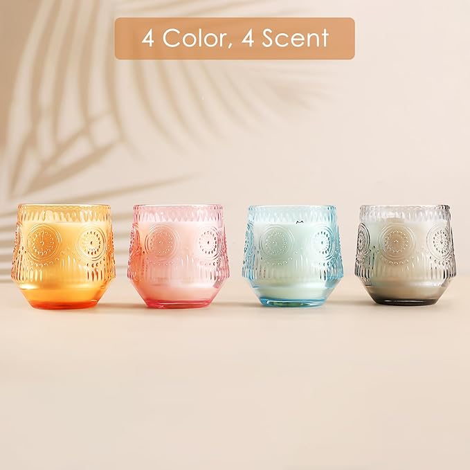4 Pack Luxury Scented Candles Gift Set - 7oz Soy Wax Candles in Glass Jars, Gifts for Women - Vanilla Coconut, Eucalyptus Sage, Rose Oud, Sandalwood Patchouli