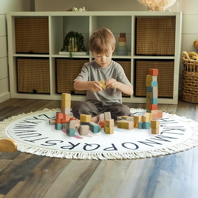 ABC Rug for Kids - 4ft Lovely Boho Rainbow Rug, Toddlers & Baby Rug for Playroom, Round Classroom Rug,Ultra Soft & Non Slip Alphabet Rug-Nursery Rug, Children's Room Carpet,Washable Kids Rug - 47 inch