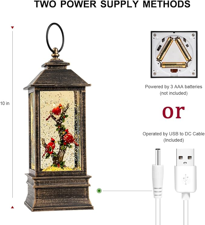 10'' Lighted Cardinal Music Snow Globe Water Lantern with Swirling Glitter Decoration for Christmas Home, Living Room, Battery Operated or USB Powered