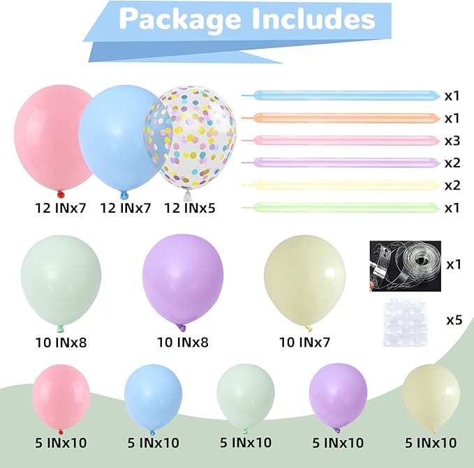 Pastel Balloon Arch Kit Macaron Pink Blue Green Purple Yellow Pastel Color Rainbow Confetti Latex Party Balloons Garland for Easter Birthday Baby Shower Graduation Wedding Party Decorations