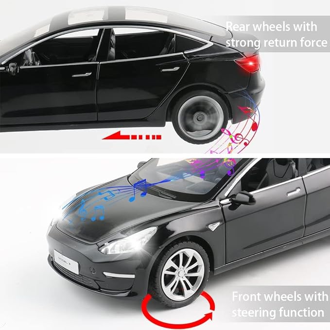 Zinc Alloy 3 Car Model,1:24 Scale Simulation Casting car Model Pull Back Diecast Toy Car, Mini Vehicles Toys with Lights and Music for Toddlers Kids Children Birthday Gift(Black)