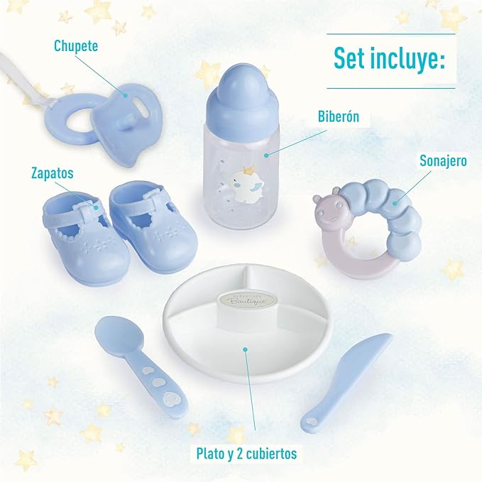 15" Realistic Soft Body Baby Doll with Open/Close Eyes | JC Toys - Berenguer Boutique | 10 Piece Gift Set with Bottle, Rattle, Pacifier & Accessories | Blue | Ages 2+