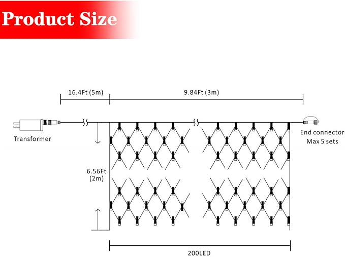 AWQ 200 LED 9.8ft x 6.6ft String Lights Net Mesh Lights Christmas Net Lights 8 Modes for Christmas Wedding Party Home Garden Lawn Bushes Bedroom Indoor Outdoor Decor (9.8ft x 6.6ft, White)