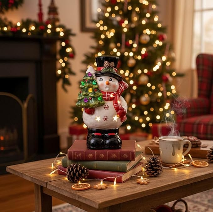 Napco 52831 LED Light-Up Snowman Holding Christmas Tree Multicolor 7.5 x 4.5 Inches Ceramic Winter Christmas Holiday Figurine