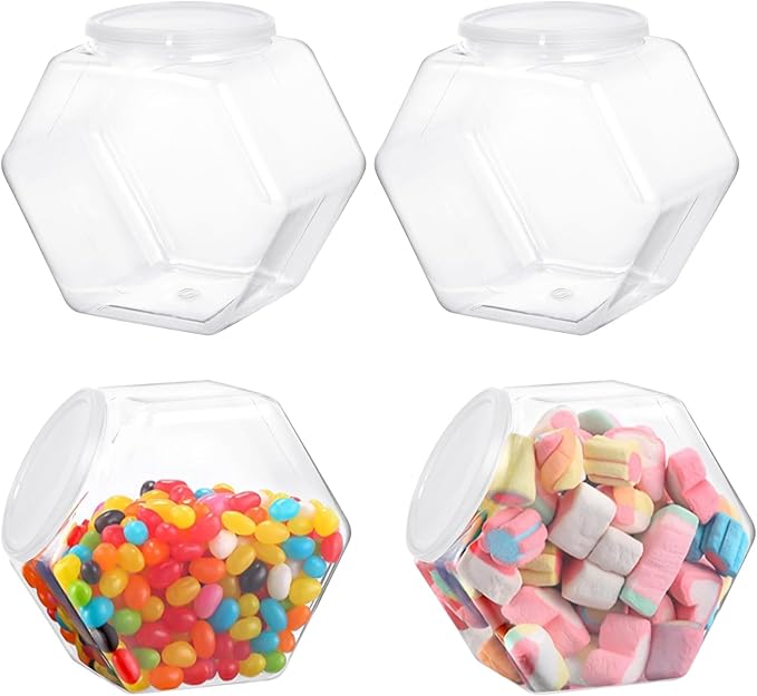 4 PCS Hexagon Plastic Jars, Clear Cookie Jars with Lids, Reusable Coffee Candy Display for Snacks, Cookie, Dog Treats, Coffee Pod(30 OZ)