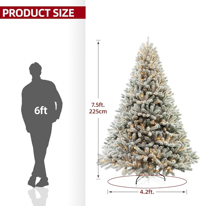 Prelit Christmas Tree With Lights 7.5ft,Premium Snow Flocked Artificial Xmas Tree, With 1364 Branch Tips and 550 Warm Lightsm,Support Automatique,Perfect Choice for Christmas Decorations,White