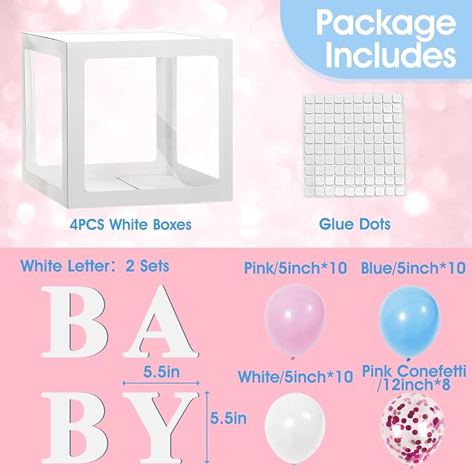 Ledido Baby Boxes with Letters for Baby Shower Decorations with 38 Balloons, 4 pcs Clear Baby Balloon Boxes Blocks for Baby Shower Decor Boy Girl Gender Reveal Decorations Backdrop Party (White)