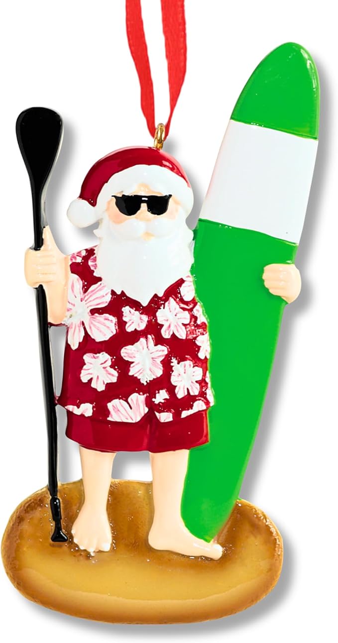 Ornaments by Elves - Personalized Paddleboard Santa Christmas Ornaments - Beach Christmas Decorations Paddle Board Surfer Santa Claus Unique Gifts for Surfers in a Giftable Packaging