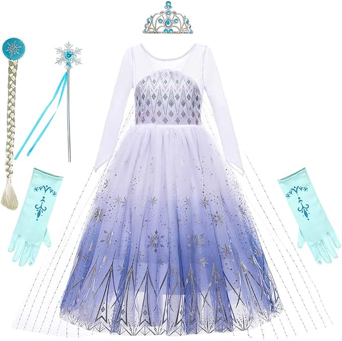 REXREII Princess Dress for Girls Frozen Elsa Snow Queen Costume Halloween Cosplay Christmas Birthday Party Gown w/Accessories