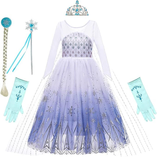 REXREII Princess Dress for Girls Frozen Elsa Snow Queen Costume Halloween Cosplay Christmas Birthday Party Gown w/Accessories
