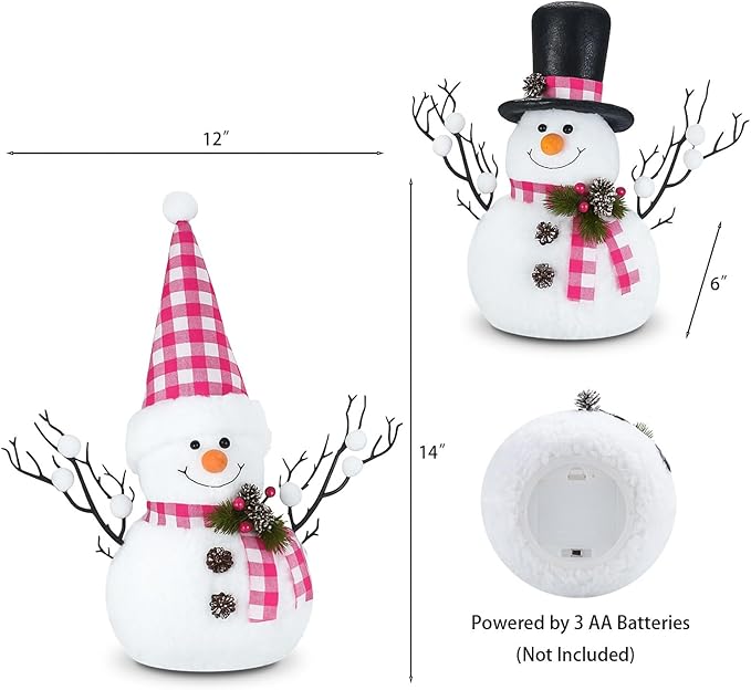 2 Pack Pink Christmas Decor, 14" Lighted Plush Snowmen Christmas Trees with Pine Cone Twigs, Light Up Snowman Holiday Present, Xmas Party Gifts Tabletop Ornaments (Pink and White)