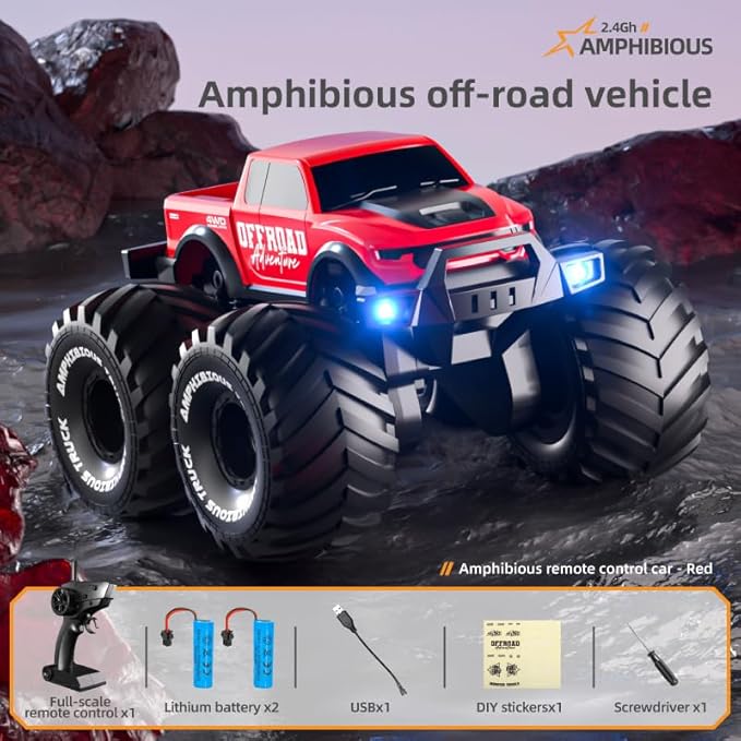 1:18 Scale Amphibious LED RC Car ，2.4GHz All 20 Km/h Off Road Terrain Remote Control Drift Truck, Waterproof Truck for 8+ Year Old Boys Girls Kids Gifts (Red)