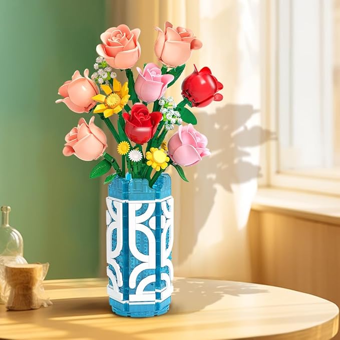 14 Flowers Bouquet Building Set with Vase and LED Light, Mother's Day 747 PCS Mini Roses Flower Botanical Building Blocks Toy, Birthday Gifts for Adults, Artificial Roses Flowers Home Decor