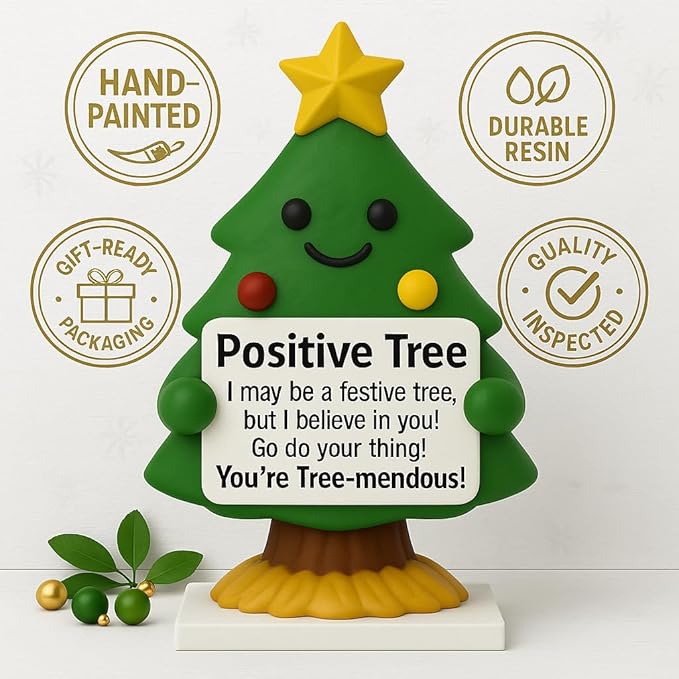 iStatue Mini Christmas Tree Hand-Painted Resin Positive Figurine, 5'' Xmas Decoration Indoor Desk Décor | Cute Motivational Gift, Stocking Stuffer, Holiday Mantel & Office (Green Tree)