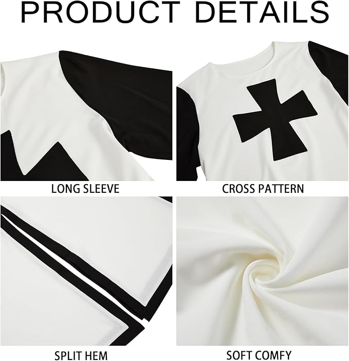 Ryannology Mens Crusader Costume Medieval Templar Renaissance Knight Warrior Tunic Retro Halloween Cosplay Top with Cross