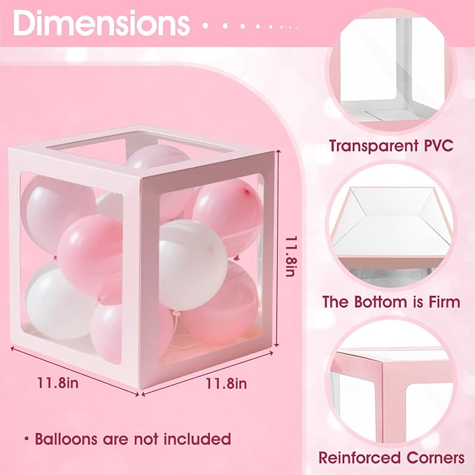 Ledido Baby Boxes with Letters for Baby Shower Decorations with 38 Balloons, 4 pcs Clear Baby Balloon Boxes Blocks for Baby Shower Decor Boy Girl Gender Reveal Decorations Backdrop Party (Pink)