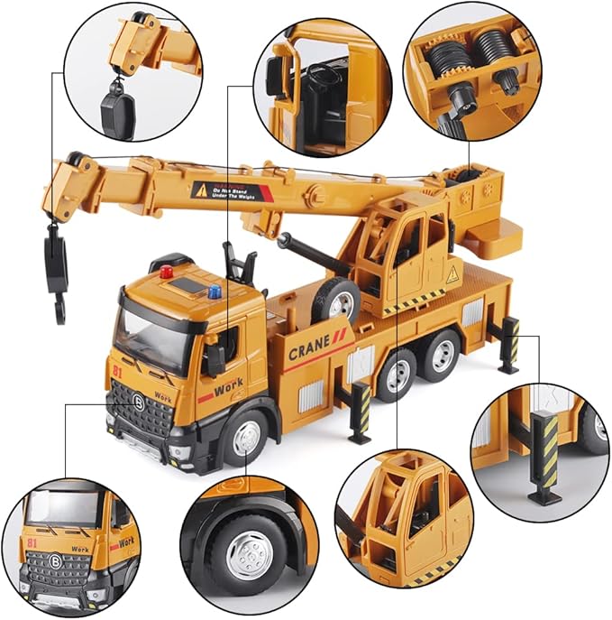 Children Crane Toy Metal DieCast Crane Model，Construction Truck Toys with Simulated Sounds and Lights，Suitable for Ages 3 and Up Toy Crane for Boys