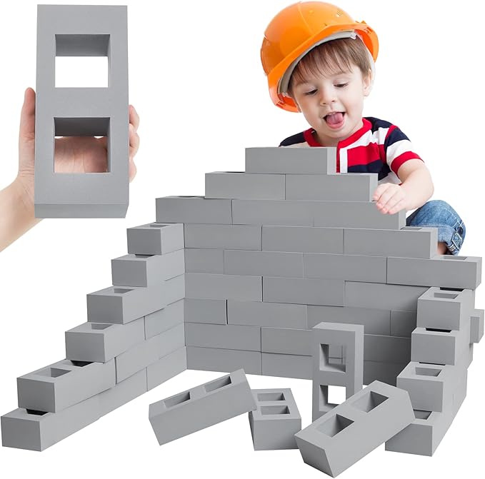 Zhanmai 50 Pack Foam Brick Building Blocks for Kids Thick Cinder Foam Blocks Large Rectangle Fake Bricks Construction Toy for Stacking and Building 8 x 4 x 2.4 Inch
