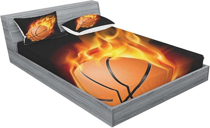 Ambesonne Sports Fitted Sheet & Pillow Sham Set, Basketball Lover Ball on Fire Speed Fireball Shoot Hoops Kids Sporty Fun Art Print, Decorative Printed 3 Piece Bedding Decor Set, Full, Orange Black
